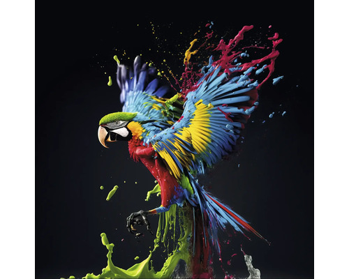 Ilustrație cu un papagal cu stropi de vopsea
