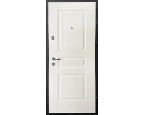 Ușă de intrare albă închisă, cu feronerie și vizor