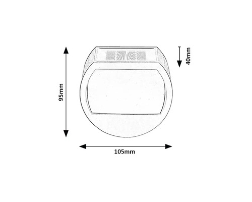 Desen al unei lămpi de exterior cu dimensiunile de 95 mm înălțime, 105 mm lățime și 40 mm adâncime.