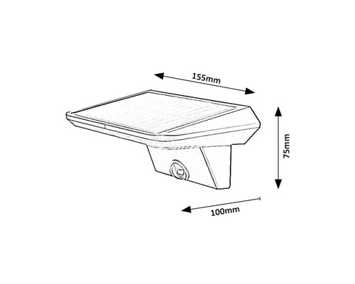 Imagine a unei lămpi solare cu dimensiunile de 155 mm lățime, 75 mm înălțime și 100 mm adâncime.