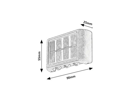 Reprezentare a unei lămpi de perete cu dimensiunile de 55 mm înălțime, 90 mm lățime și 25 mm adâncime.