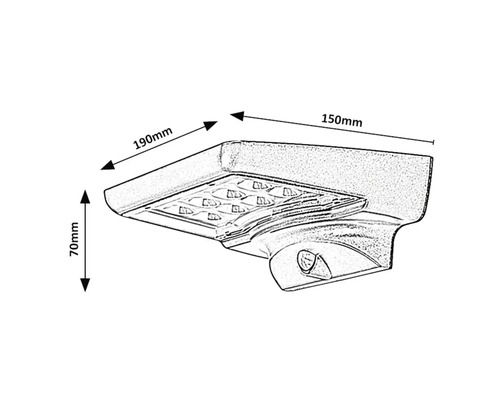 Desen tehnic al unei lămpi de exterior cu senzor de mișcare și dimensiunile de 190 mm, 150 mm și 70 mm.