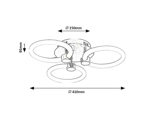 Desen tehnic al unei plafoniere cu dimensiunile diametru 150 milimetri, diametru 410 milimetri și înălțime 95 milimetri