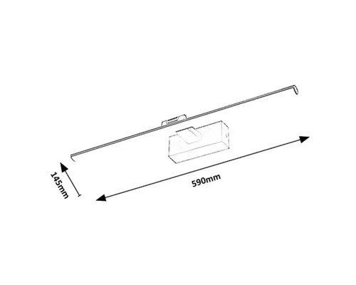 Desen tehnic al unei lămpi de 590 milimetri lungime și 145 milimetri înălțime