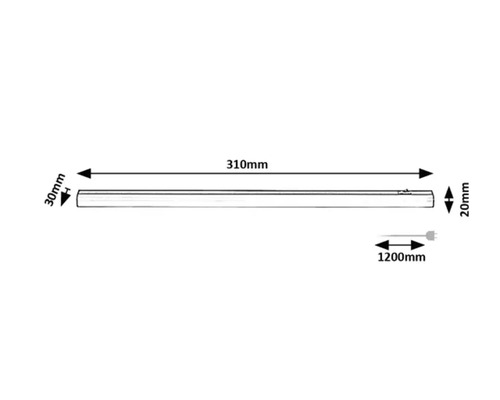 Desen tehnic al unei lămpi LED cu dimensiunile de 310 mm lungime, 30 mm înălțime, 20 mm lățime și 1200 mm lungime cablu