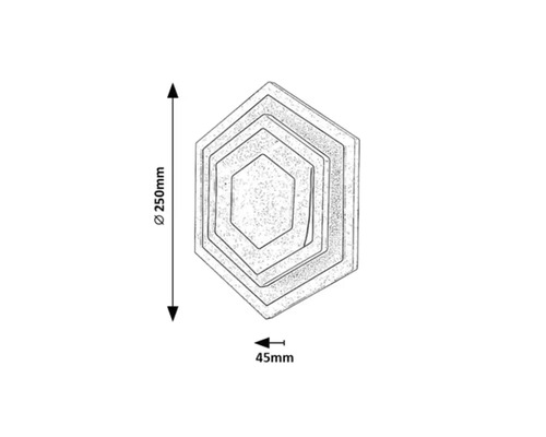 Desen tehnic al unei lămpi de tavan hexagonale cu dimensiunile de 250 mm diametru și 45 mm adâncime.