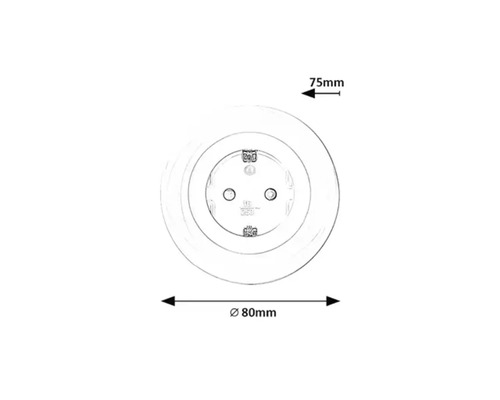 Ilustrație a unei prize cu contact de protecție cu dimensiunile de 80 milimetri diametru și 75 milimetri adâncime
