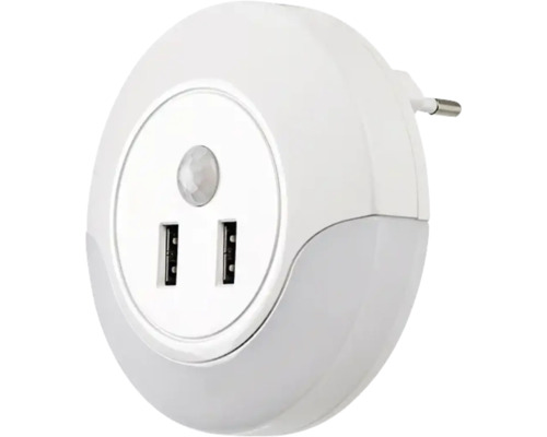 Lampă de veghe cu LED integrat Dembo 13,9W 30 lumeni, senzor și 2 prize USB Lumină de noapte pentru priză cu două porturi USB și senzor de mișcare