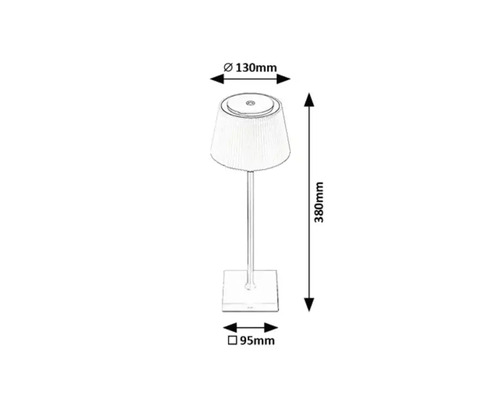 Imagine cu o lampă cu dimensiunile 380 mm înălțime, 130 mm diametru și 95 mm lățimea bazei.
