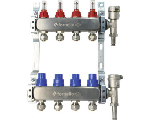 Distribuitor circuit de încălzire din oțel inoxidabil cu debitmetre și supape de închidere pentru sisteme de încălzire prin suprafață