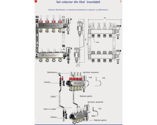 Set colector din oțel inoxidabil cu inserție termostatică și debitmetru
