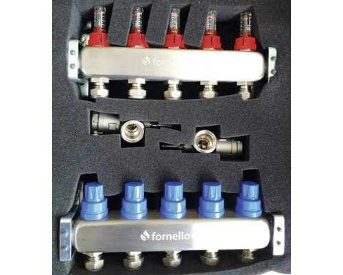 Distribuitor circuit de încălzire cu debitmetre și supape de reglare în ambalaj