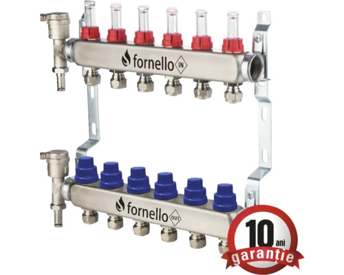 Distribuitor de încălzire prin pardoseală cu conducte de alimentare și retur, debitmetre și logo Fornello.