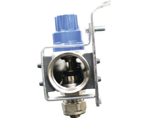 Robinet termostatic pentru radiator cu buton rotativ albastru și suport de montare