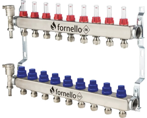 Kit distribuitor-colector inox Fornello, debitmetre, robineți și aerisitoare, 9 circuite
