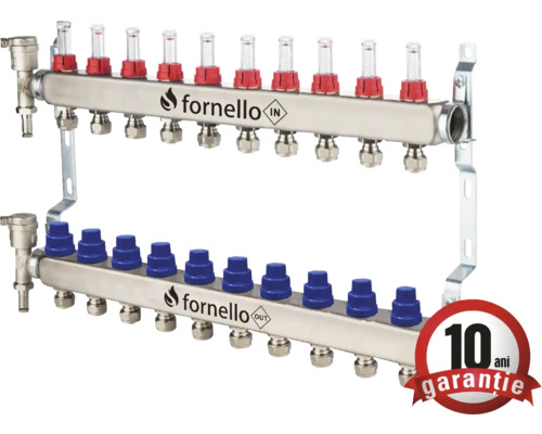 Distribuitor din oțel inoxidabil pentru încălzire prin pardoseală cu debitmetre și garanție de 10 ani