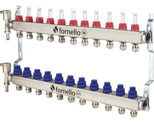 Kit distribuitor-colector inox Fornello, debitmetre, robineți și aerisitoare, 11 circuite