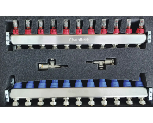 Distribuitor pentru încălzire prin pardoseală cu debitmetre și supape de reglare