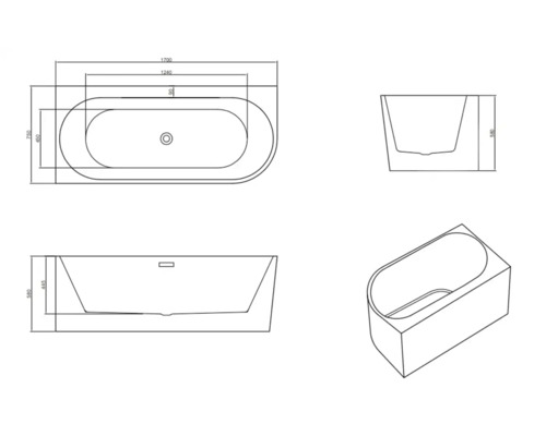 Desen tehnic al unei căzi cu dimensiuni