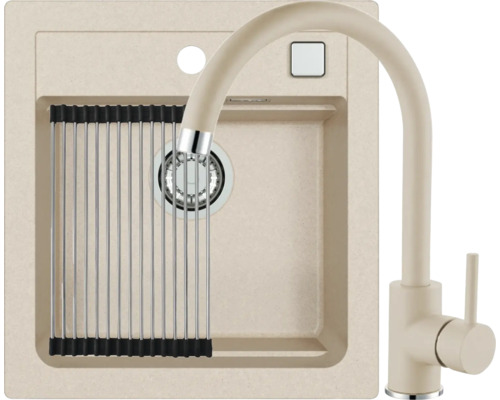 Pachet chiuvetă bucătărie granital 1 cuvă ALVEUS Atrox 20 50x47 cm Terra ,incl. baterie Kati Chiuvetă cu uscător și baterie