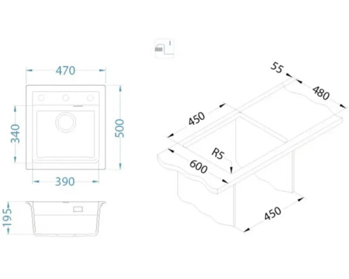 Schiță cu dimensiunile chiuvetei