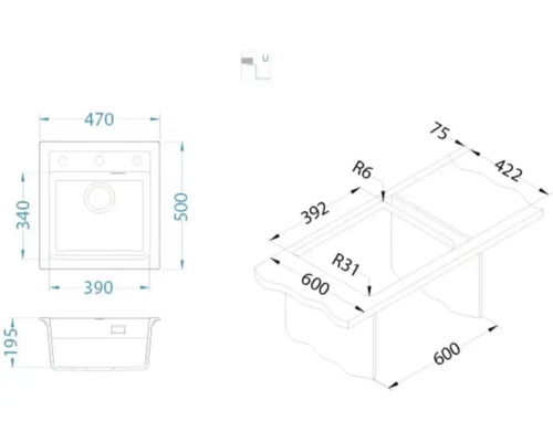 Desen tehnic cu dimensiunile unei chiuvete