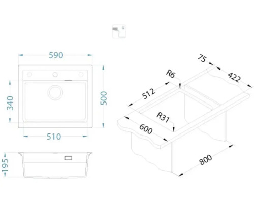 Desen tehnic al unei chiuvete cu dimensiuni