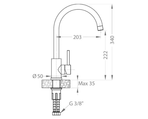 Desen tehnic al unei baterii de bucătărie cu dimensiuni.