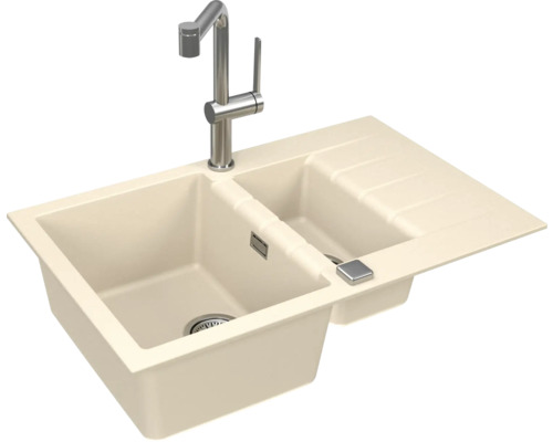 Chiuvetă dublă bej cu baterie și zonă de scurgere