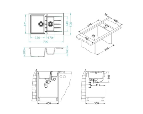 Desen tehnic cu dimensiunile chiuvetei de bucătărie
