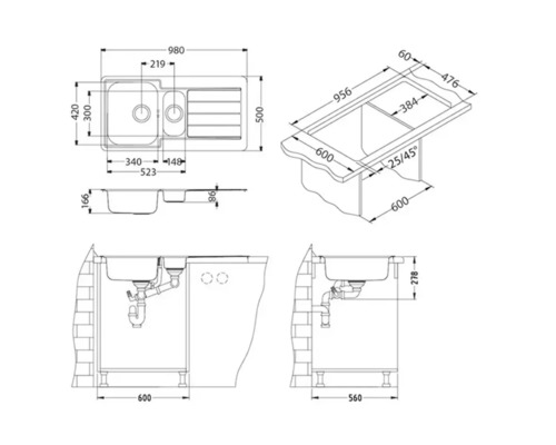 Desen tehnic al unei chiuvete cu dimensiuni.