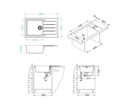 Desen tehnic al unei chiuvete cu diferite vederi și dimensiuni