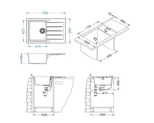 Desen tehnic al unei chiuvete de bucătărie cu dimensiuni