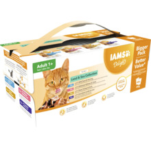Iams Delights hrană pentru pisici, pachet multiplu Adult 1 Plus cu ton, somon, curcan și miel, 48 x 85 grame