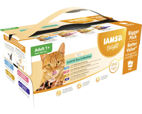 Hrană umedă pentru pisici IAMS Delights Adult Land & Sea Mix în aspic 48x85 g