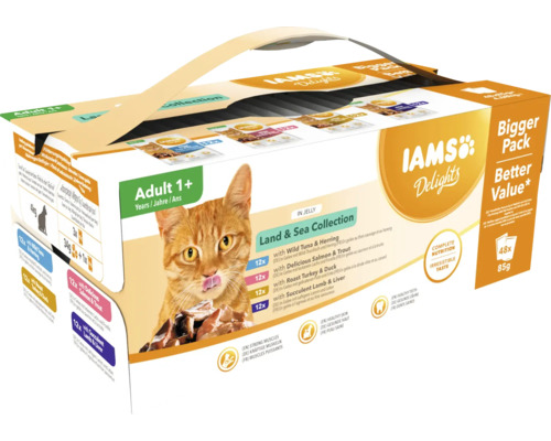 Hrană umedă pentru pisici IAMS Delights Adult Land & Sea Mix în aspic 48x85 g Hrană umedă pentru pisici IAMS Delights Adult Land & Sea Mix în aspic 48x85 g