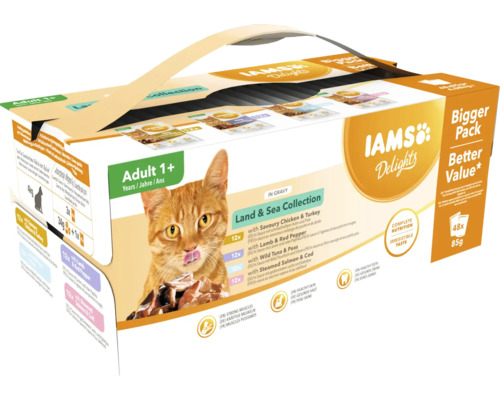 Hrană umedă pentru pisici IAMS Delights Adult Land & Sea Mix în sos 48x85 g