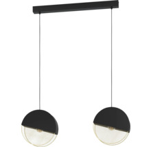 Lampa suspendată cu două abajururi rotunde, semi-deschise și suspensie neagră