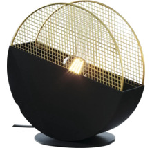 Lampă de masă decorativă cu bază rotundă, neagră și grilaj metalic auriu