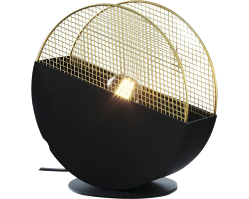 Lampă de masă decorativă cu bază rotundă, neagră și grilaj metalic auriu