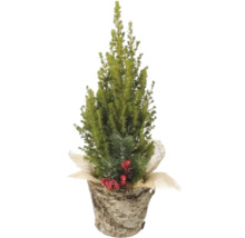 Brad decorativ artificial de Crăciun în ghiveci cu fructe de pădure și conuri de pin