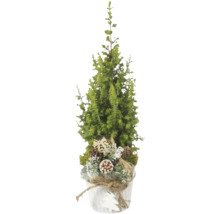 Brad artificial decorativ de Crăciun cu conuri și fundă în ghiveci