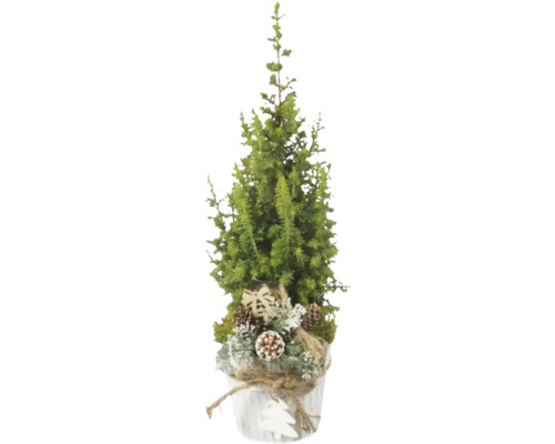 Brad artificial decorativ de Crăciun cu conuri și fundă în ghiveci