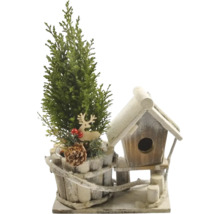 Peisaj decorativ de iarnă cu brad și căsuță pentru păsări