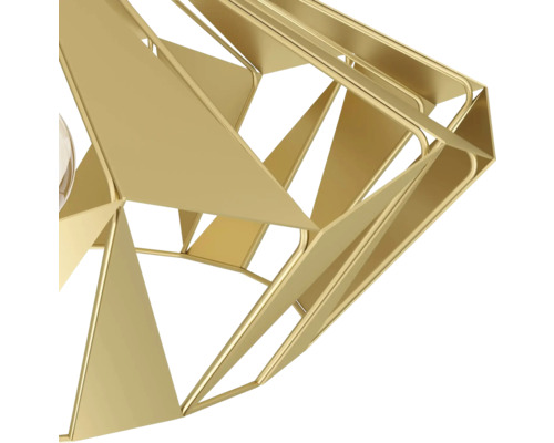 Vizualizare detaliată a unei lămpi de tavan aurii cu design geometric