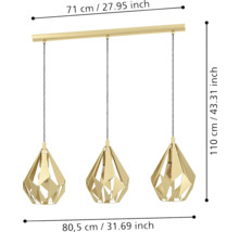 Lumină suspendată cu trei lămpi în design de diamant și dimensiuni