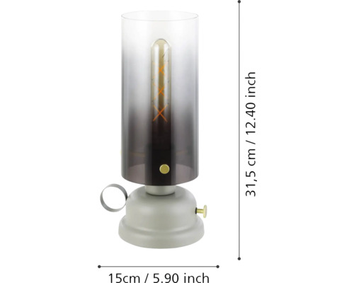 Lampă de masă cu dimensiunile de 31,5 cm înălțime și 15 cm lățime
