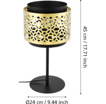 Lampă de masă decorativă cu abajur auriu, ajurat și bază neagră. Înălțime 45 cm, diametru 24 cm.