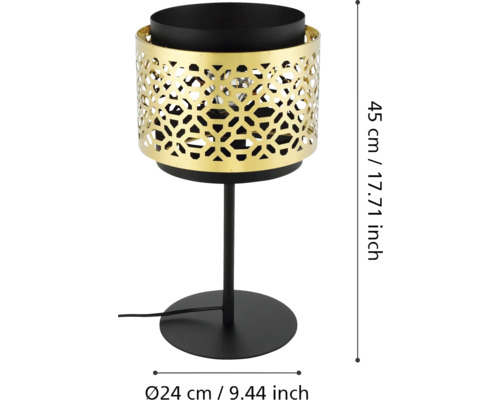 Lampă de masă decorativă cu abajur auriu, ajurat și bază neagră. Înălțime 45 cm, diametru 24 cm.