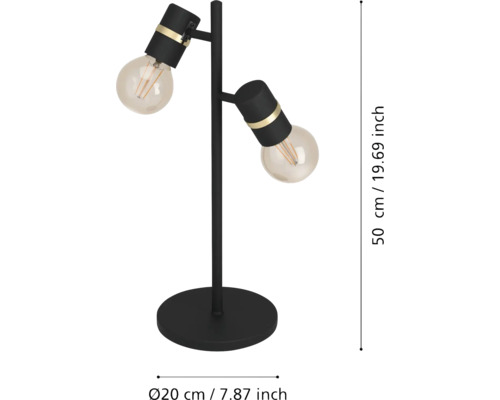 Lampă de masă neagră cu două lămpi și dimensiuni